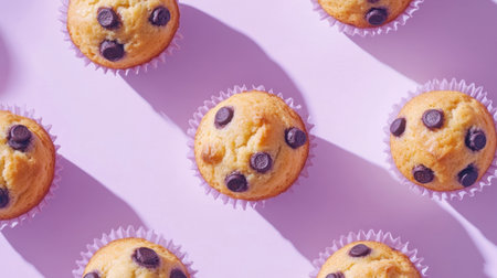 A delightful arrangement of freshly baked muffins topped with chocolate chips, set against a soft purple backdrop, showcasing their fluffy texture and inviting appearance.の素材
