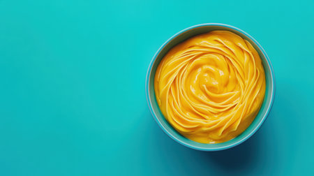 A vibrant and creamy mango puree is beautifully arranged in a shallow bowl, creating an appetizing visual against a bright blue background.の素材