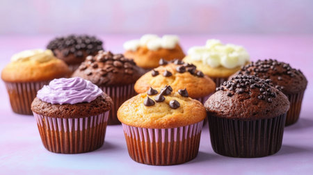 A vibrant display of gourmet cupcakes featuring various flavors and toppings on a soft purple background, perfect for celebrations and events.の素材