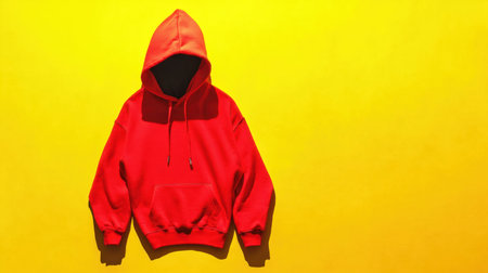 This image features a vibrant red hoodie against a bright yellow backdrop, perfect for showcasing apparel in fashion promotions or marketing campaigns.の素材