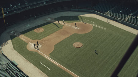 Captivating aerial view of a baseball field showcasing players in action against a backdrop of an empty stadium, highlighting the lush green grass and sunny atmosphere.の素材