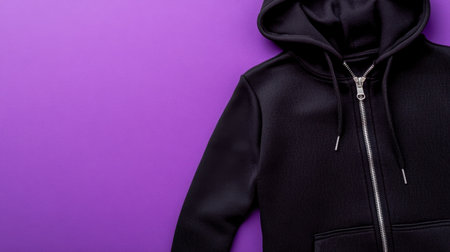 A sleek black zip-up hoodie placed against a vibrant purple backdrop. Ideal for showcasing trendy fashion, urban styles, and casual wear in marketing materials.の素材