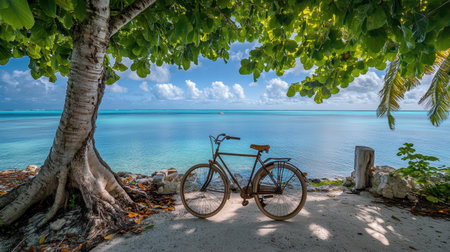 A peaceful beach scene featuring a vintage bicycle under a lush green canopy, overlooking calm blue waters and a clear sky, perfect for relaxation and travel.の素材
