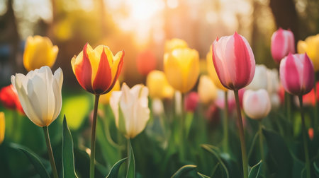 A stunning display of vibrant tulip flowers in various colors bathed in warm sunlight creates a picturesque garden scene filled with beauty and life.の素材