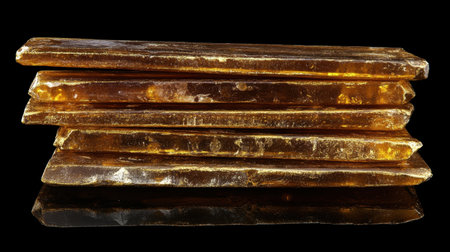 This image features a close-up of glossy amber resin sticks stacked artfully on a reflective surface, showcasing their rich golden hue and unique texture.の素材