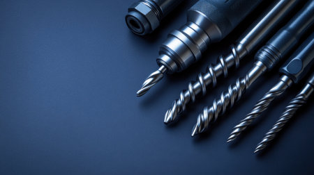 This image showcases an assortment of metal drill bits and tool components displayed on a dark surface, highlighting their intricate design and functionality.の素材