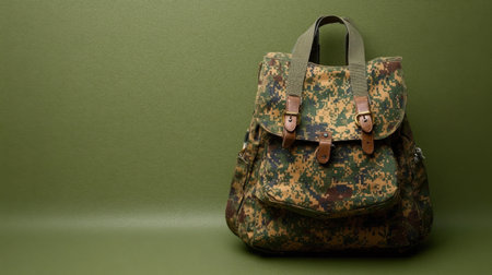 This vintage camouflage backpack showcases a unique design against a solid green backdrop, ideal for outdoor adventures and stylish fashion statements.の素材