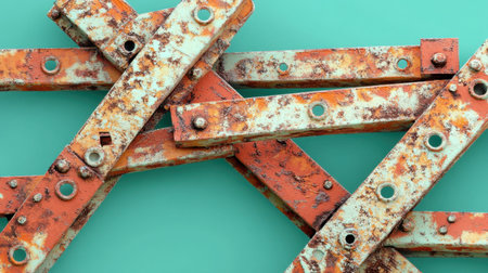 An intricate arrangement of rusty metal strips over a vibrant turquoise background, highlighting texture, color contrast, and abstract industrial aesthetics.の素材