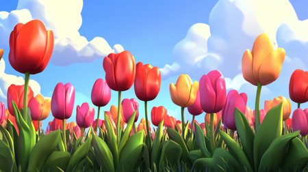 A cheerful and vibrant scene featuring a field of tulips in various colors under a playful blue sky filled with fluffy clouds. Perfect for spring themes.の素材