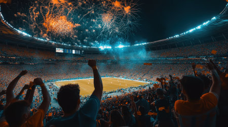 A vibrant atmosphere fills the packed stadium as fans celebrate under a dazzling display of fireworks during a thrilling soccer match, capturing pure joy.の素材