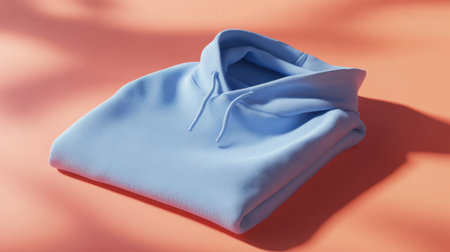 A cozy blue hoodie neatly folded against a soft peach background, ideal for showcasing casual fashion trends and promoting comfortable clothing styles.の素材
