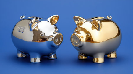 Two shiny piggy banks in silver and gold colors sit close together against a vibrant blue backdrop. They represent the essence of saving and financial growth, making them ideal for discussions about personal finance, investment, and budget planning.の素材