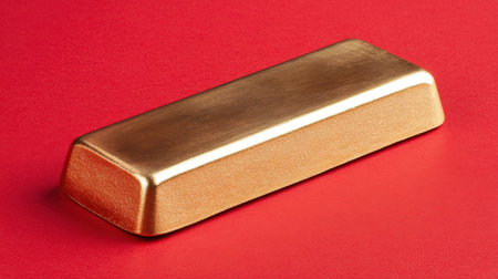 A striking image of a single gold bar rests on a vivid red background, embodying contrasts of luxury and simplicity while symbolizing wealth and prosperity.の素材