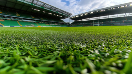 An expansive view of lush green grass turf within an empty stadium, showcasing bright seating and a peaceful atmosphere under a colorful sky.の素材