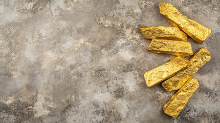 This captivating image features glimmering gold bars arranged on a textured surface, symbolizing wealth and luxury. Ideal for financial and investment themes.の素材