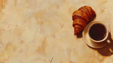 A cozy morning scene featuring freshly brewed coffee beside a flaky croissant on a rustic table. This image evokes warmth and comfort, making it ideal for breakfast inspiration.の素材
