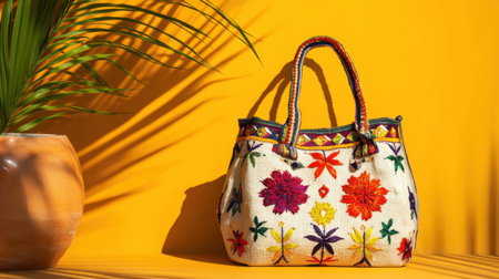 A vibrant, embroidered handbag featuring intricate floral designs, showcased against a striking yellow backdrop, ideal for fashion and accessories.の素材