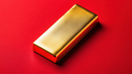 A striking image of a shiny gold bar resting on a smooth red surface, highlighting the interplay of light and reflection, perfect for themes of wealth and luxury.の素材