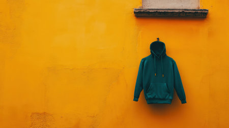 A bright green hoodie hangs against a vivid yellow wall, creating a striking urban aesthetic. Ideal for fashion and lifestyle projects that emphasize minimalism and color.の素材