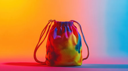 This image showcases a colorful tie-dye drawstring bag set against a vibrant gradient background of blue and orange. Perfect for adding a playful touch to fashion or leisure activities.の素材