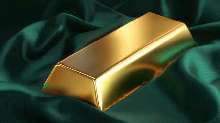 A striking gold bar glimmering on soft green satin, embodying luxury and wealth. Ideal for themes of finance, opulence, and elegance in various projects.の素材
