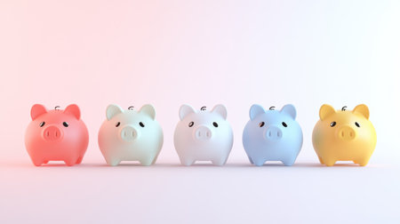 A charming collection of colorful piggy banks lined up against a soft gradient background, symbolizing saving and financial planning for all ages.の素材