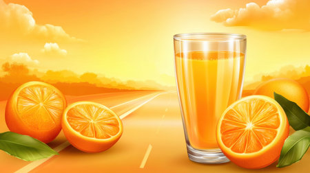 A vibrant scene featuring a refreshing glass of orange juice surrounded by ripe oranges under a sunny sky, perfect for a healthy lifestyle.の素材