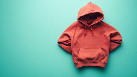 A cozy red hoodie laid flat on a bright turquoise background, showcasing its simple design and modern style, perfect for fashion photography and marketing.の素材