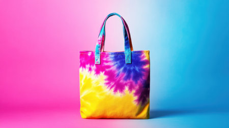 A vibrant tie-dye tote bag stands out against a stunning colorful background, ideal for eco-conscious fashion lovers and summer outings.の素材