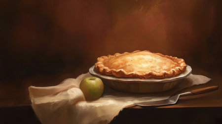 A freshly baked apple pie rests on a wooden table, accompanied by a green apple and a knife, radiating warmth and rich culinary tradition.の素材