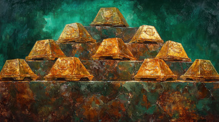 A stunning visual of golden bars stacked in a pyramid formation against a rich green background. This artistic representation symbolizes wealth and prosperity.の素材