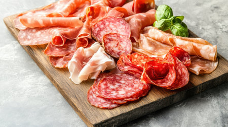 A stunning display of an assortment of cured meats, including salami and prosciutto, elegantly arranged on a wooden board with fresh basil.の素材