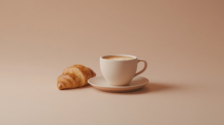 A cozy morning setup featuring a white cup filled with aromatic coffee paired with a freshly baked croissant on a soft beige surface. Enjoy the simple pleasures!の素材