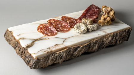 A stunning charcuterie platter showcasing various cured meats and cheeses arranged on a beautiful marble cutting board, ideal for gatherings.の素材