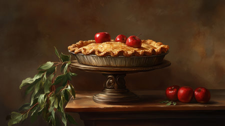 A beautifully crafted apple pie sits on an ornate pedestal with fresh red apples adorning the top, evoking a warm, inviting atmosphere perfect for autumn gatherings.の素材