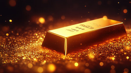 This stunning image showcases a gold bullion bar that gleams with radiance, surrounded by shimmering golden particles, evoking feelings of luxury and wealth.の素材