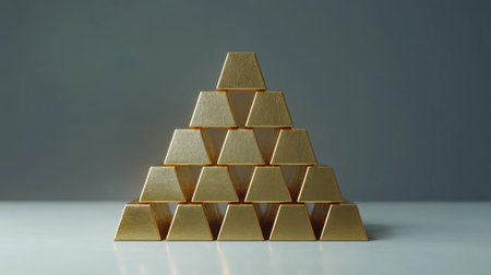 This image showcases a meticulously arranged pyramid of gold bars, symbolizing wealth and investment. The gleaming surface and elegant design make it an ideal representation for finance-related themes and luxury.の素材