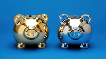 This image features two shiny piggy banks, one in gold and the other in silver, placed against a vibrant blue background, symbolizing savings and financial aspirations.の素材
