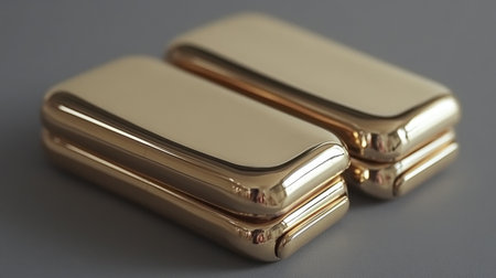 A closeup of sleek, shiny gold bars resting on a gray surface, capturing a sense of luxury, wealth, and financial investment with exquisite detail.の素材