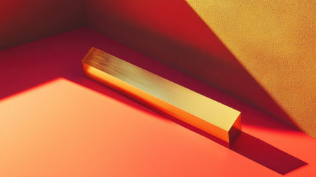 A solitary golden metal bar rests on a vivid red and yellow surface, casting striking shadows, creating an elegant geometric composition for modern design.の素材