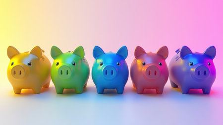 A vibrant row of five colorful piggy banks symbolizes the concept of financial savings and wealth management. Each bank features a unique hue, bringing life and playfulness to financial planning.の素材