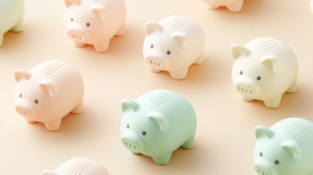 A charming collection of pastel piggy banks in various soft colors, ideal for encouraging children to save money while adding a playful touch to any space.の素材