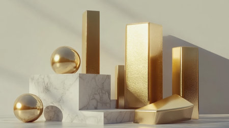 This stunning still life features a combination of gold geometric shapes resting on a marble base, highlighting modern design and artistic elegance.の素材