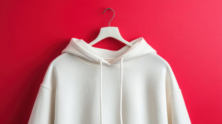 This image features a stylish white hoodie hanging on a hanger against a vibrant red background, perfect for fashion marketing, clothing catalogs, or apparel websites.の素材