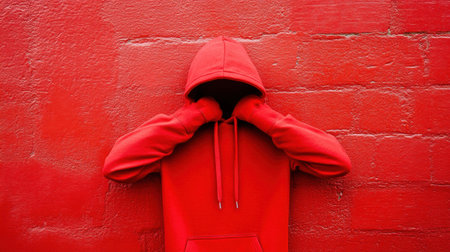 A striking image featuring a person wearing a red hoodie against a vivid red wall, with hands on the head, capturing a unique urban emotion and style.の素材