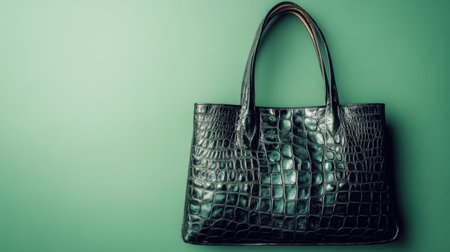 A luxurious dark green crocodile leather handbag elegantly rests on a solid background, capturing the essence of style, sophistication, and modern fashion.の素材