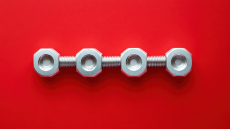 This image features a structured arrangement of metallic bolts and nuts on a vibrant red background, highlighting the beauty of industrial design and craftsmanship.の素材