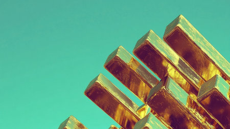 This stunning image features gold bars stacked against a bright blue sky, creating a vibrant and abstract composition that symbolizes wealth and luxury.の素材