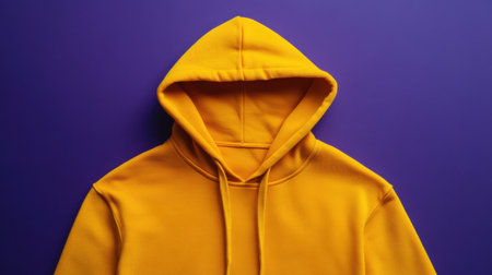 This image showcases a bright yellow hoodie laid flat against a vibrant purple background. Ideal for fashion and lifestyle photography, it highlights comfort and style.の素材