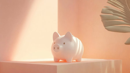 A serene minimalist piggy bank sits gracefully on a light-illuminated surface, casting soft shadows. Perfect for themes of saving, budgeting, and home decor.の素材